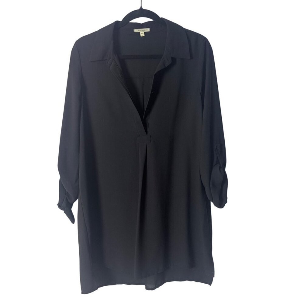 Pleione Womens Black Long Sleeve Button-Up Tunic Shirt With Roll Tab Sleeves - S